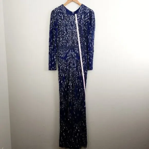 NWT Mac Duggal Illusion Beaded Embellished Long Sleeve Gown 8 Midnight Formal